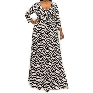 Janette Fashion Black Taupe Animal Print Faux Wrap Maxi Plussize Dress